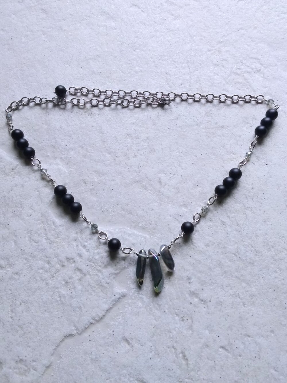 Handmade! Electroplated Quartz + Black Stone Beads - Adjust. Necklace app. 22" - Picture 7 of 12
